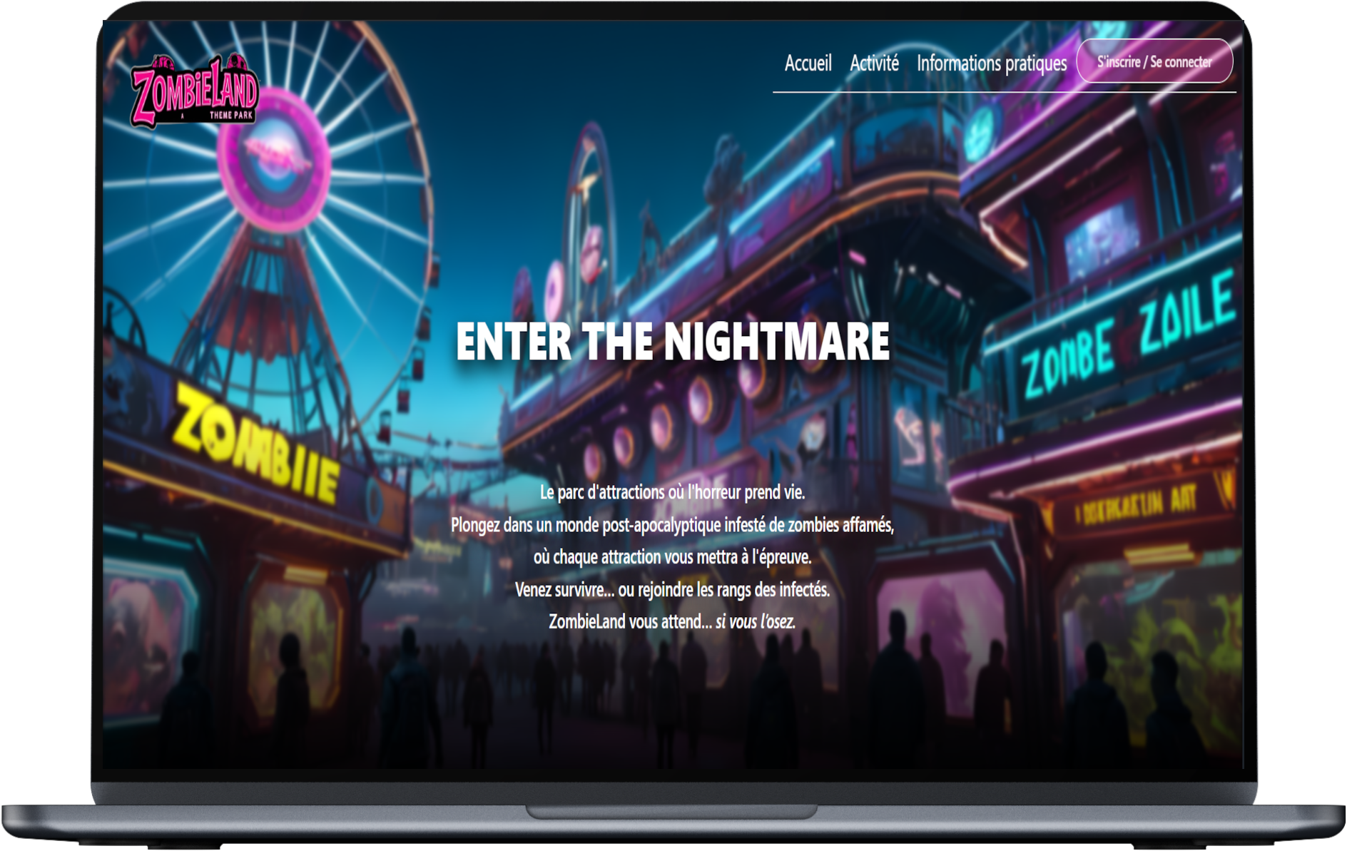 Monckup du site Zombieland présentant l'accueil